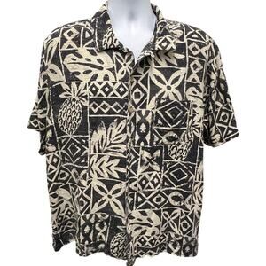Vintage Batik Bay Men's Floral Black Hawaiian Print 100% Silk Button Shirt XL